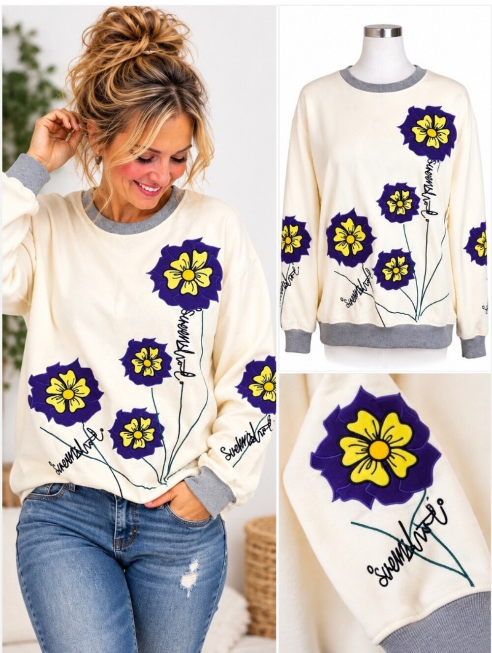 Screenshot Premium Quality Floral Appliqué Cream Sweatshirt Purple Flowers Small